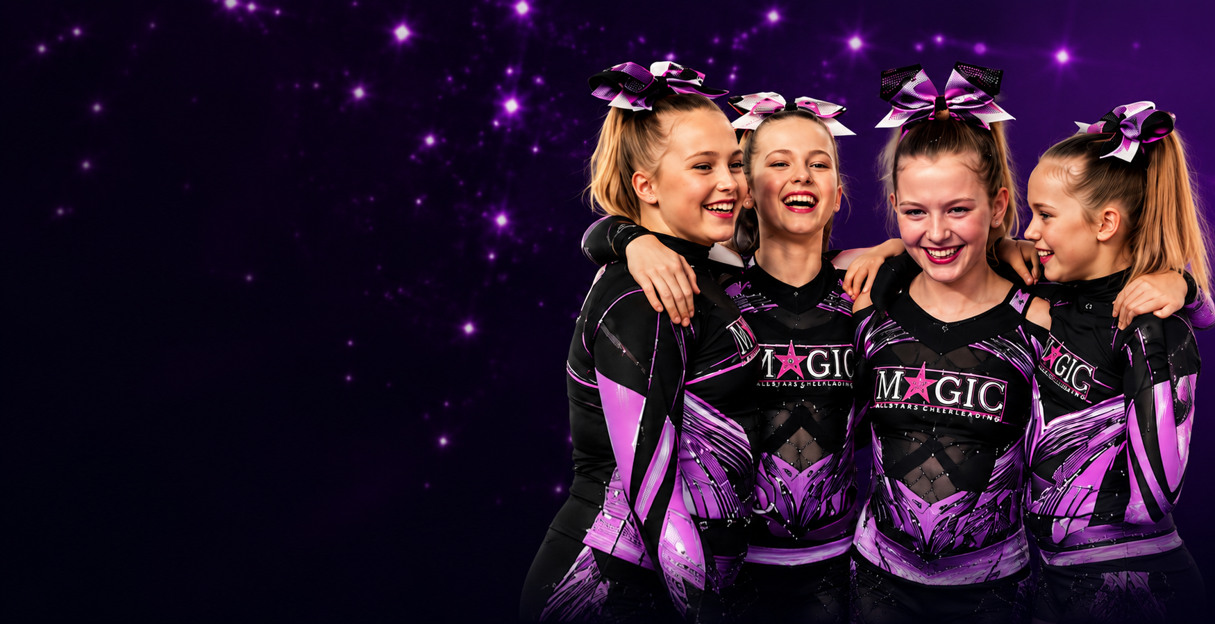 Magic Allstars cheerleaders together in pink and purple uniforms in Ashford, Kent